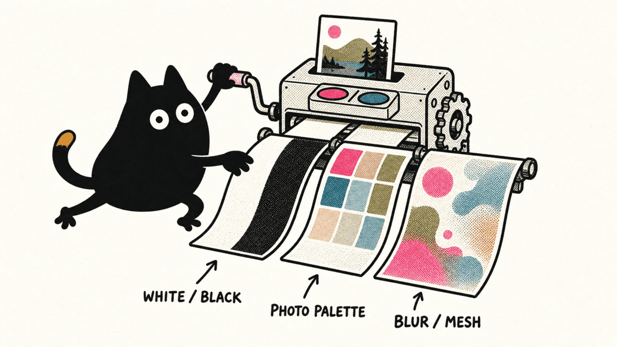Illustration of the Matted cat printing white, palette, and mesh gradient mats
