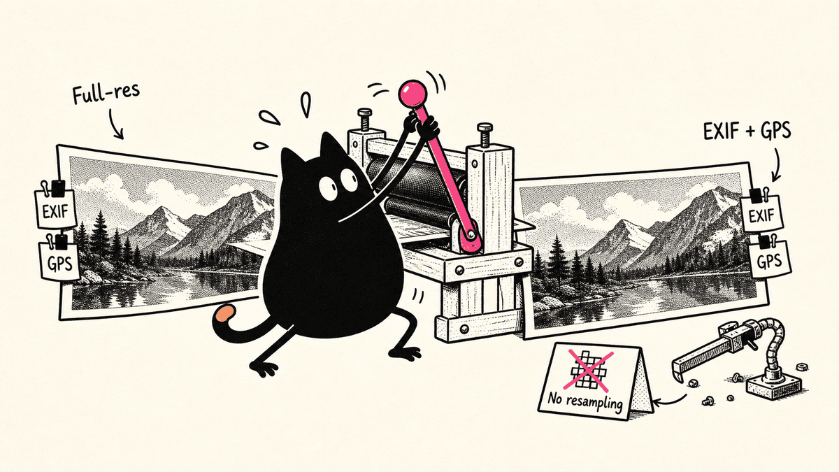 Illustration of the Matted cat passing a full resolution photo through unchanged with its EXIF and GPS tags intact
