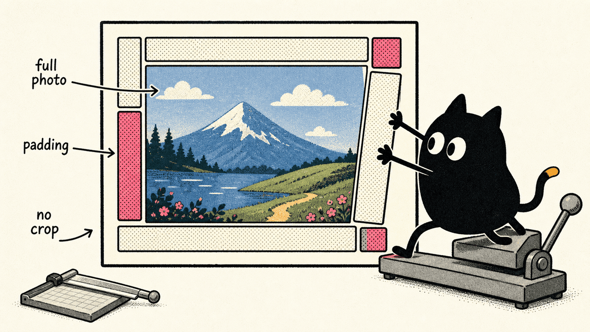 Illustration of the Matted cat fitting a whole mountain photo into a frame with padding instead of cropping