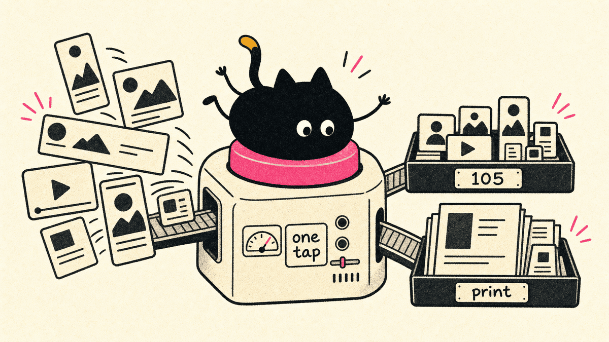 Illustration of the Matted cat sorting a pile of photos into 105 platform and print sizes with one tap