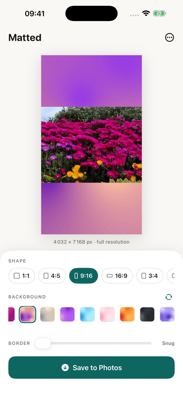 Matted on iPhone fitting a landscape photo into a 9:16 story over a mesh gradient