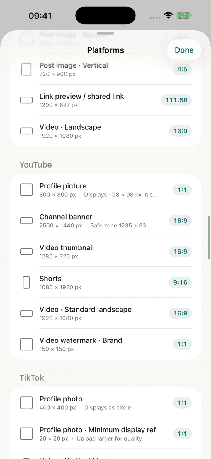 The Matted platform catalogue on iPhone listing YouTube and TikTok sizes