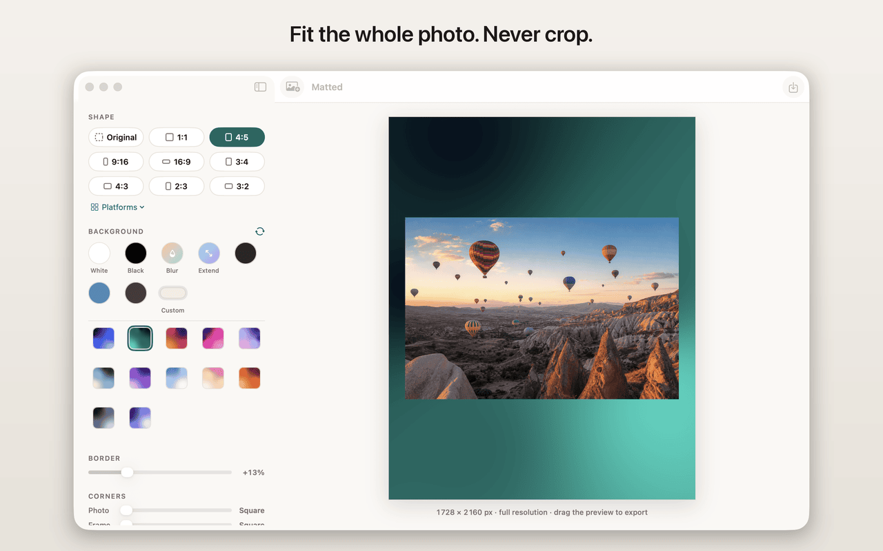 Matted for Mac fitting a hot-air balloon photo into a 4:5 frame over a teal mesh-gradient mat