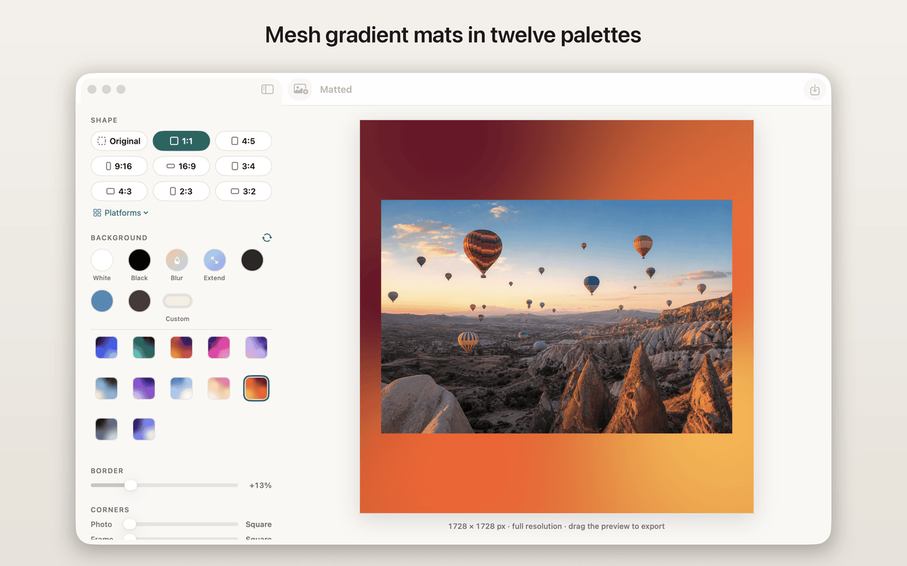 Matted for Mac showing mesh gradient mats in twelve palettes with a square frame