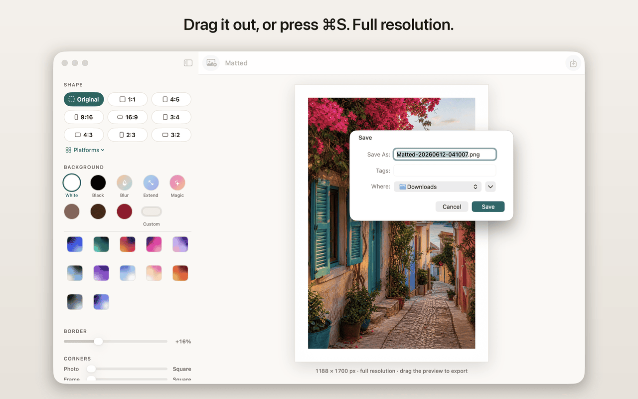 Matted for Mac saving a full-resolution export with the macOS save panel