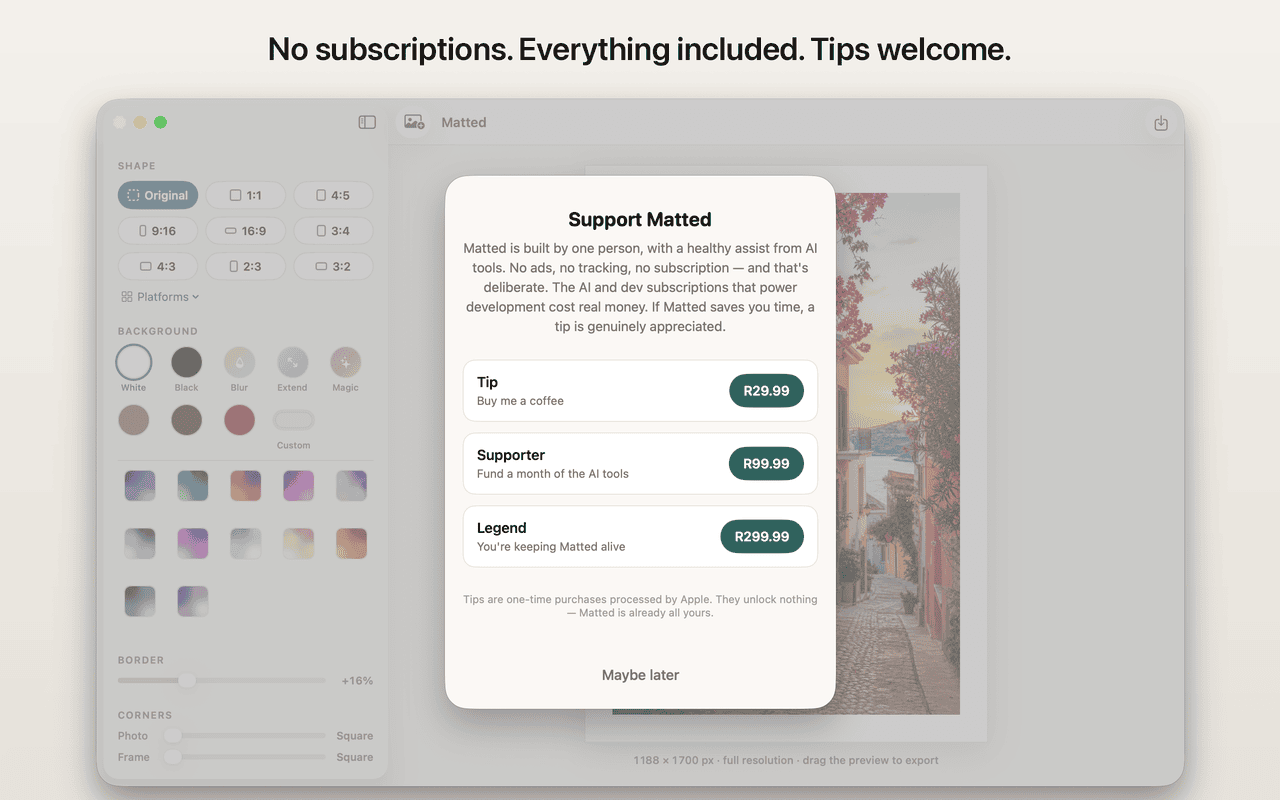 The Matted tip jar on Mac with three one-time tips and no subscriptions